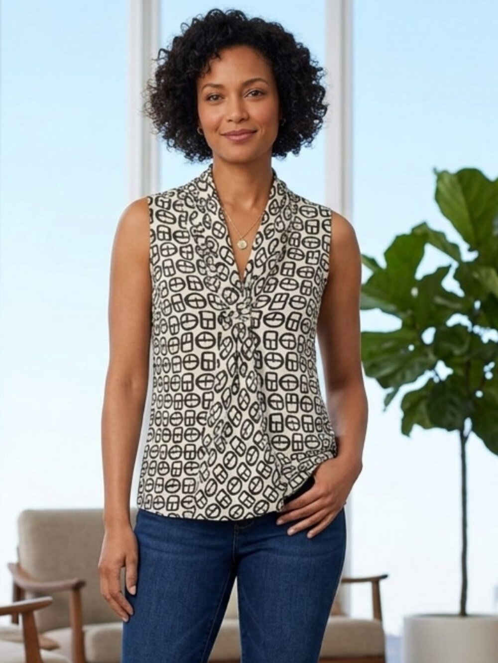 Talbots Silk Top Size 4 Black Ivory Buckle Print Geometric Cami Twist Neck